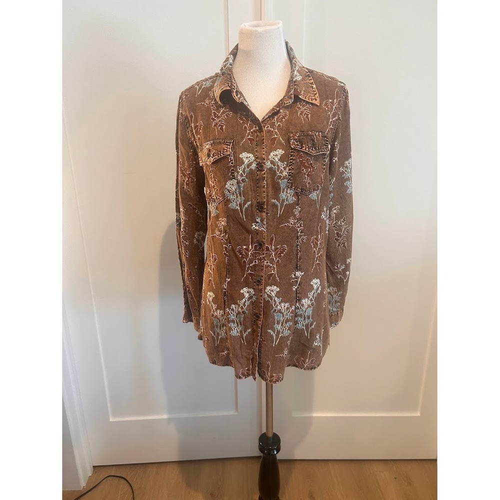 Back In The Saddle Womens Brown Floral Lace Up Back Button Shirt Size M